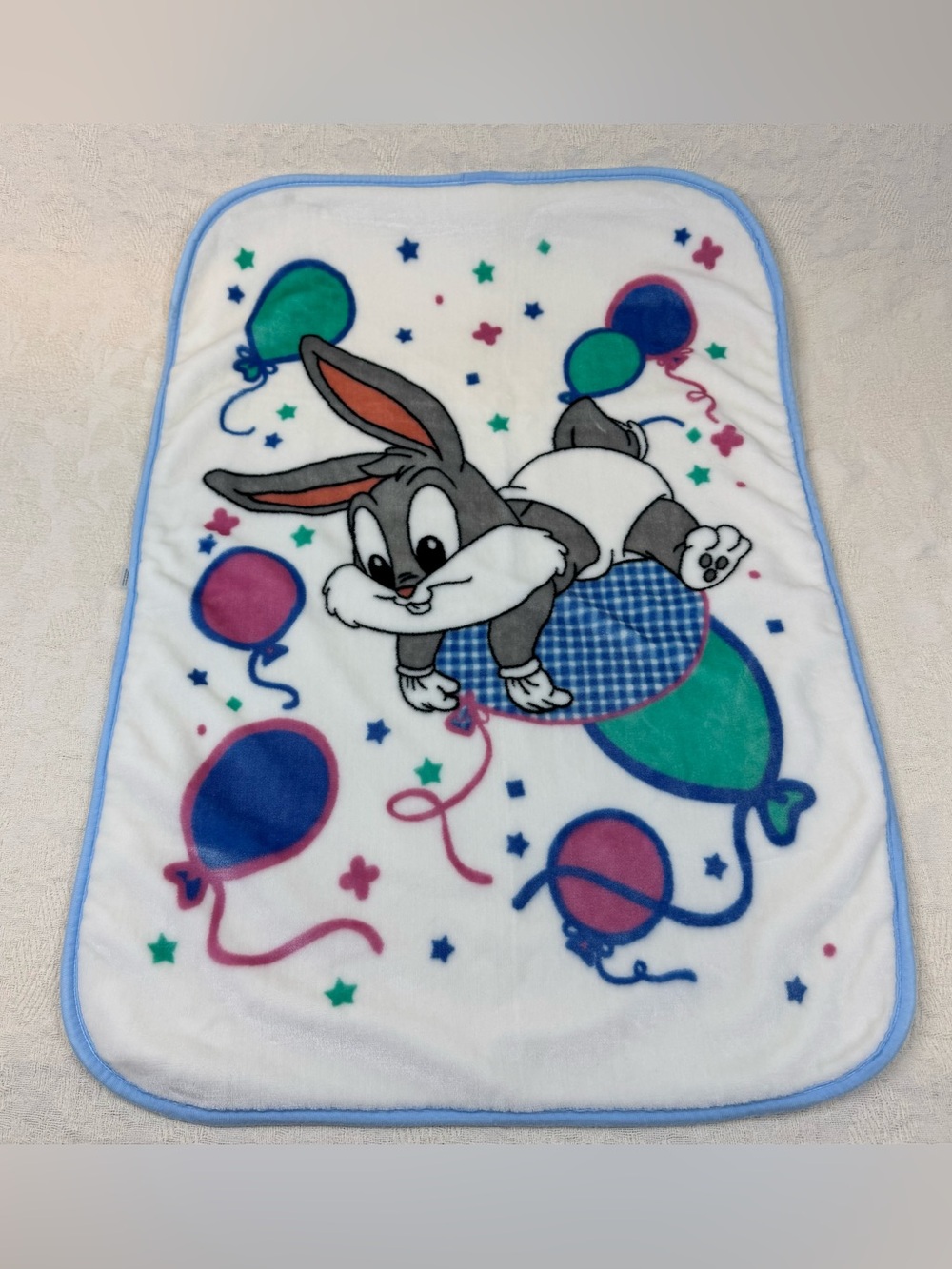 Vintage 2001 Baby Looney Tunes Bugs Bunny Balloon Plush Crib Blanket Y2K 42x30
